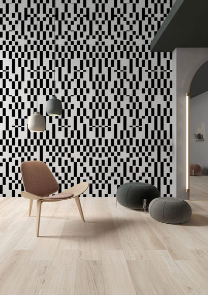 Modern Geometric Bauhaus Black White Wallpaper in living room