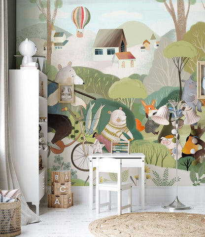 Colorful Whimsical Animal Mural Wallpaper in children's room