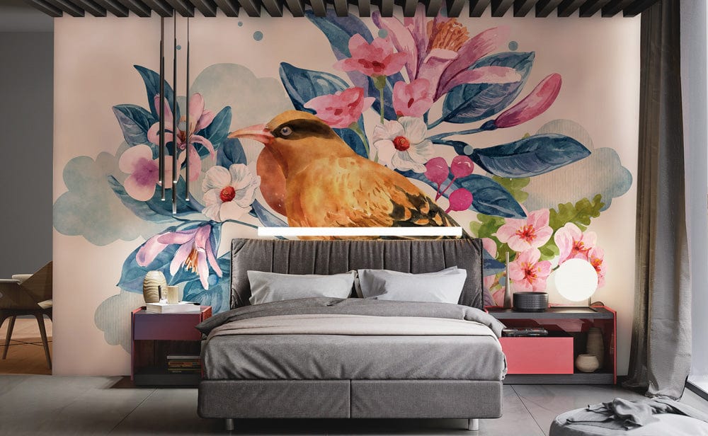 bird and bright flowers bedroom wall paintings