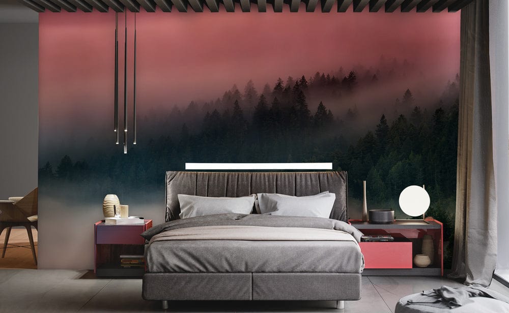 ombre pink mist in forest wall mural design