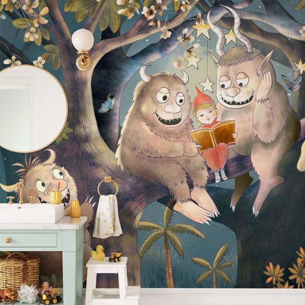 Whimsical Forest Friends Mural Wallpaper in bathroom