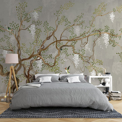 Whimsical Tree Branches Nature Mural Wallpaper in bedroom