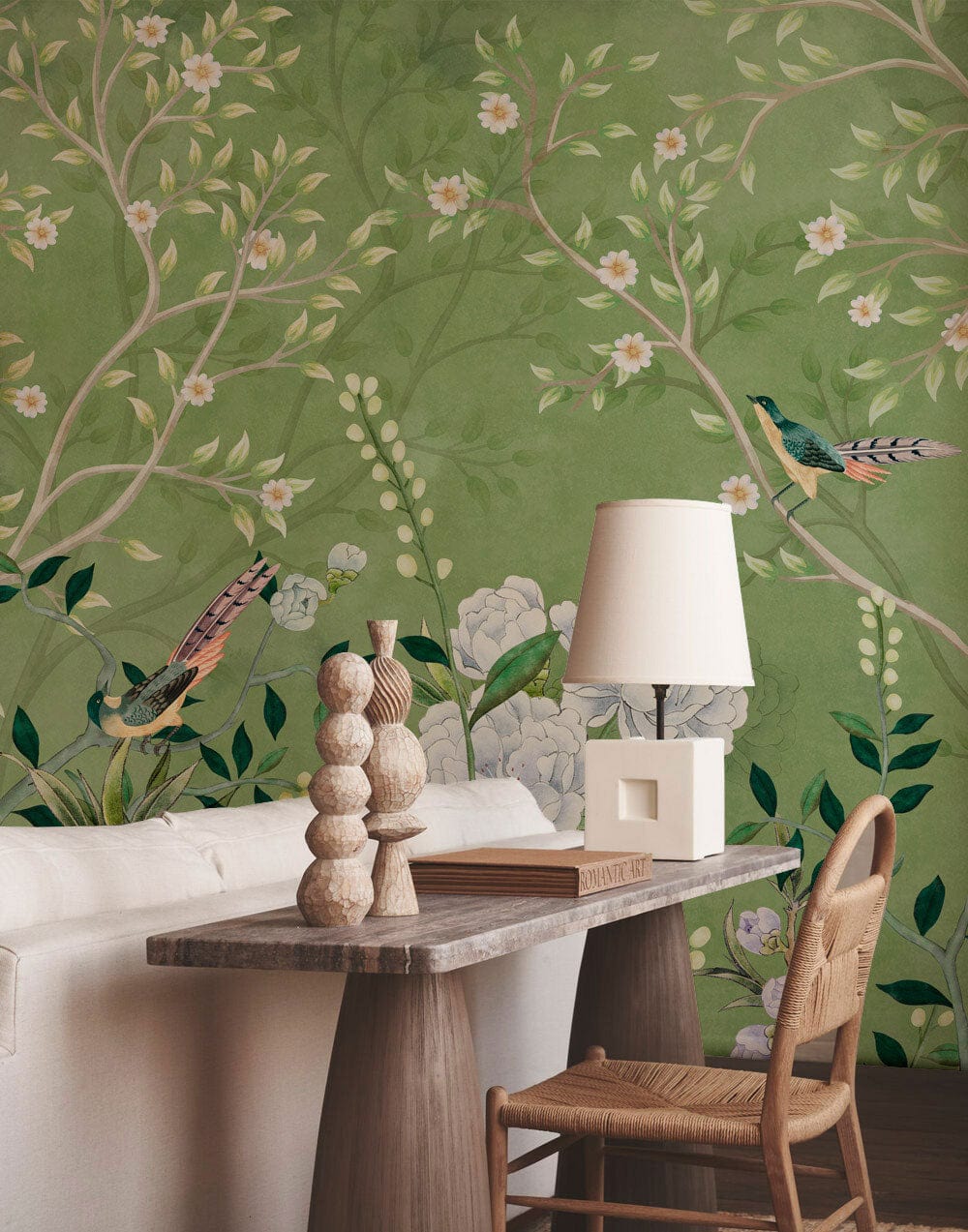 wall painting with birds and petals in green for a corridor