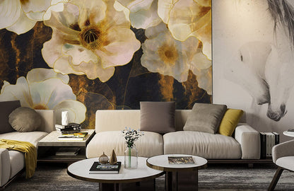 Gold Floral Elegance Luxe Mural Wallpaper in living room