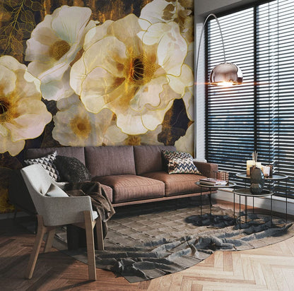 Gold Floral Elegance Luxe Mural Wallpaper in living room