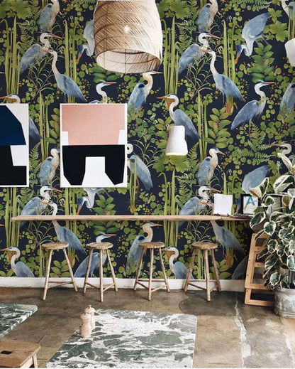 Tropical Heron Botanical Mural Wallpaper in dining area