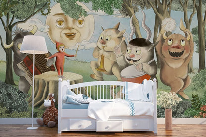 Whimsical Forest Creature Kids Mural Wallpaper in bedroom