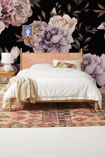 Romantic Peony Floral Dark Mural Wallpaper in bedroom