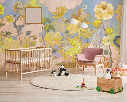 Sunny Watercolor Floral Mural Wallpaper in nursery
