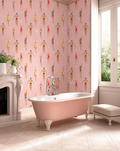 Pink Whimsical Ballet Dancer Mural Wallpaper in bathroom