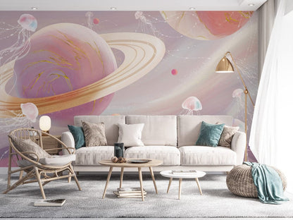 Whimsical Planetary Jellyfish Mural Wallpaper in living room