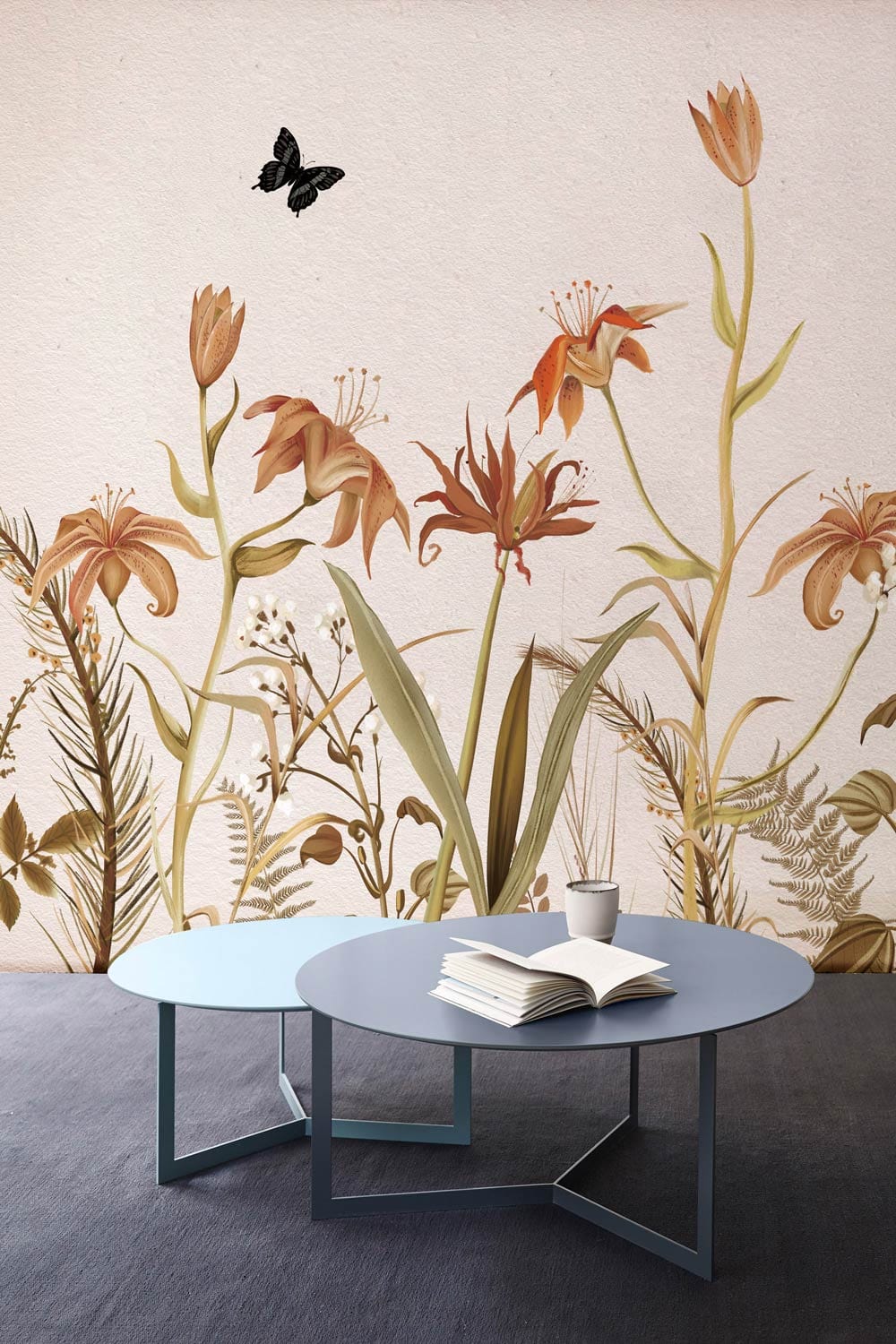 Wall murals for the living room featuring orange flowers and black butterflies in flight