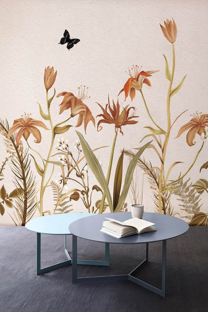 Wall murals for the living room featuring orange flowers and black butterflies in flight