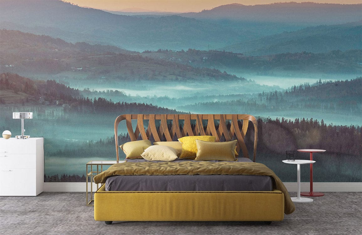 Blue and foggy forest wallpaper mural for bedroom
