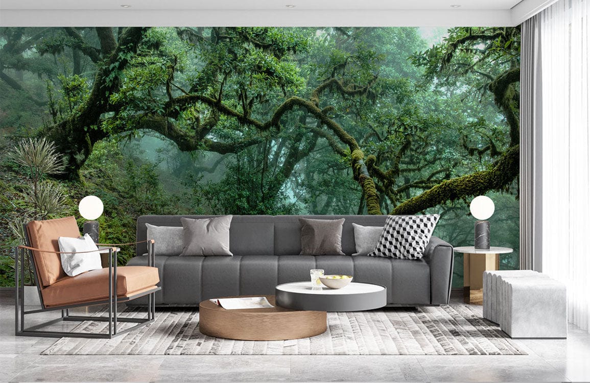 Curving tree branches on a wall mural that can be used to decorate the living room