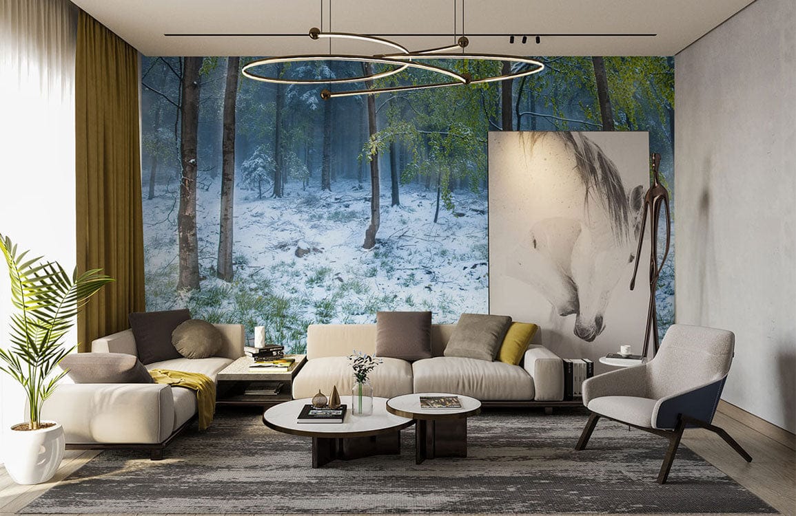 White-covered green forest living room wallpaper mural