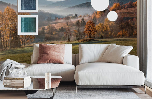 This thick fog mountain wall mural will look great in your living room