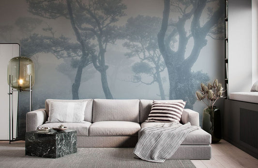 Scene of snow-covered woods on a wall mural for the living room