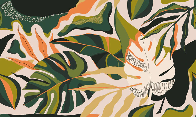 Tropical Botanical Leaf Pattern Mural Wallpaper
