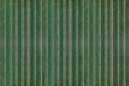 Green wallpaper murals provide a wood appearance with subtle cracks.