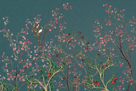 Pomegranate trees with birds perched on their limbs wallpaper paintings