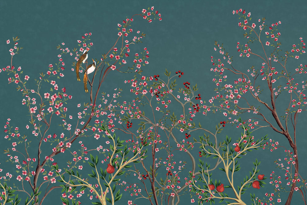 Emerald Green Floral Bird Mural Wallpaper