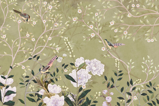 little flowers on branches and huge floral wall paintings adorn the neutral backdrop.