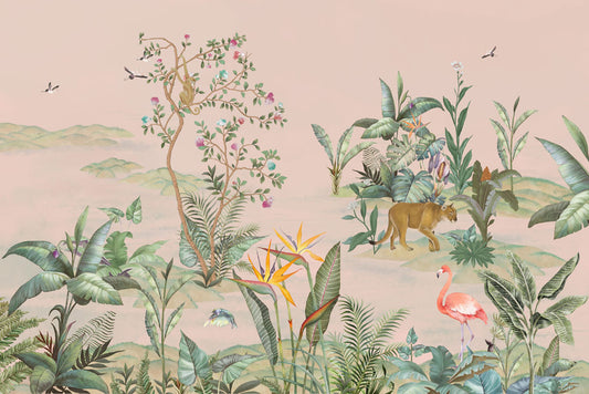 forest wall murals wallpaper with tigers and cranes.