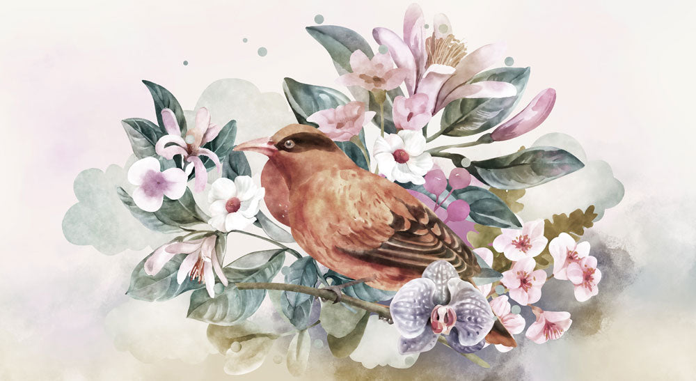 wallpaper murals of a bird perched on a flower with its beak outstretched