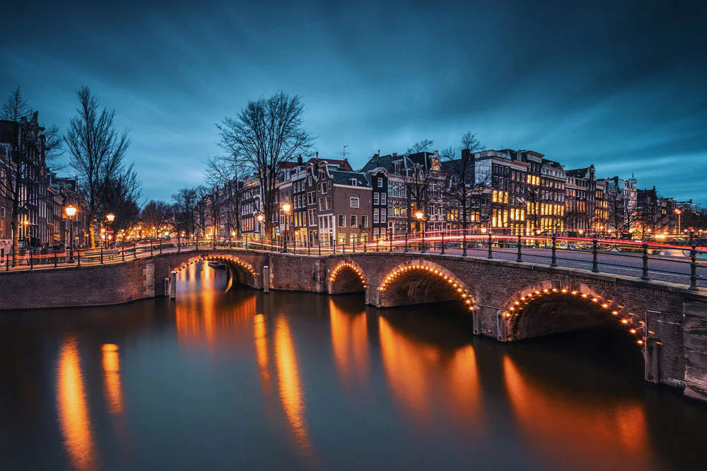 Twilight Cityscape Bridge Illuminated Mural Wallpaper