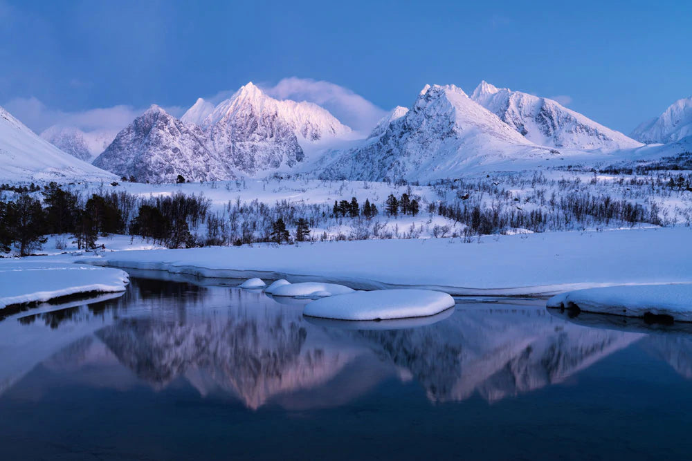 steady lake, there're snowy land, forest and mountain custom wallpaper