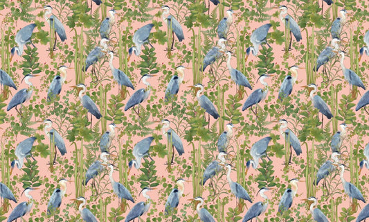 Tropical Heron Pink Botanical Mural Wallpaper