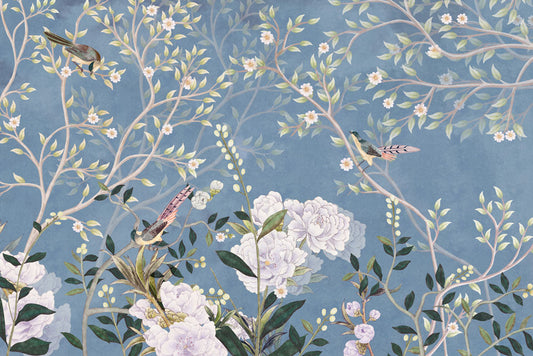 wallpaper depicting blue birds and flowers in a corridor