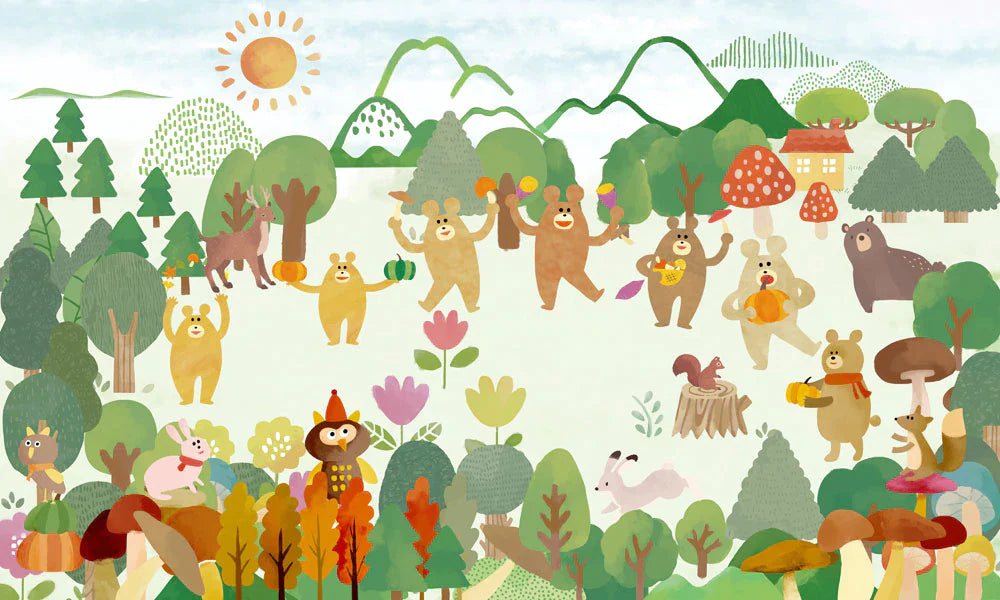 bears and other forest animals gathering mural design