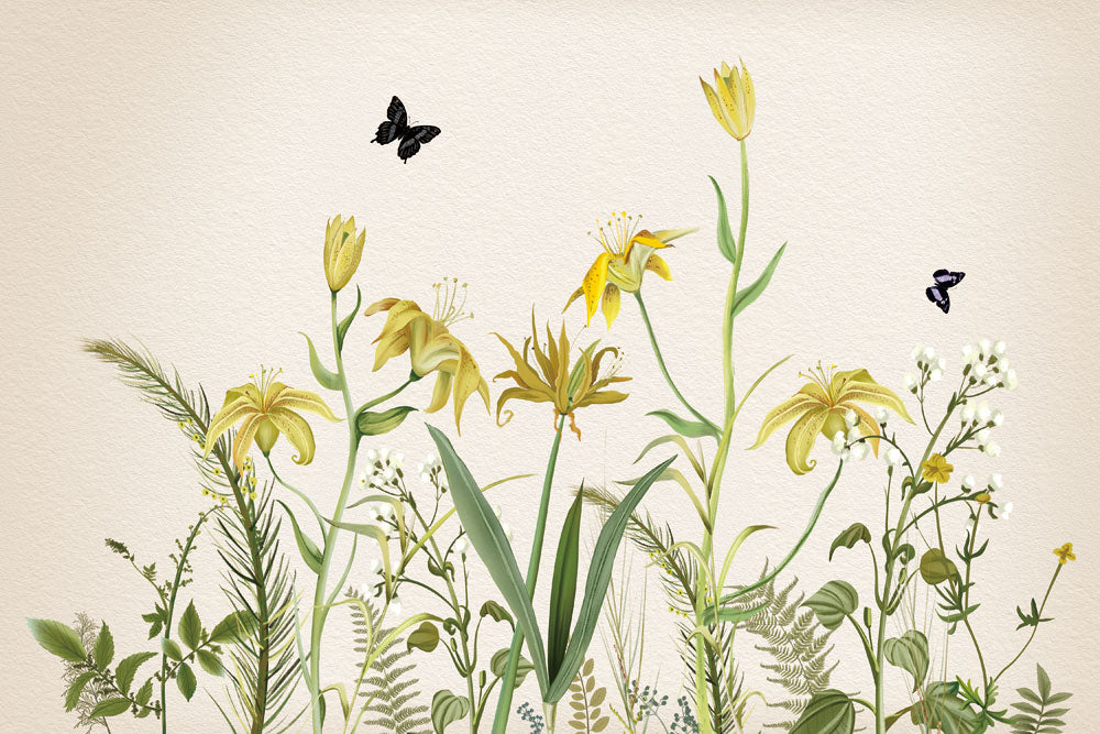 Wall mural wallpaper with two butterflies and a field of yellow blooming flowers.