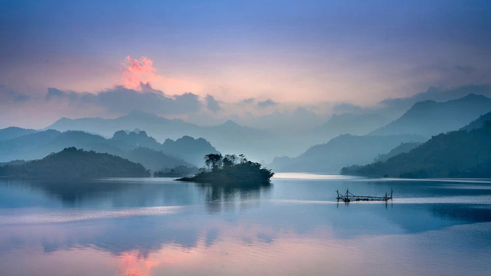 paradise scenery of ombre coloured mountains and lake custom wallpaper