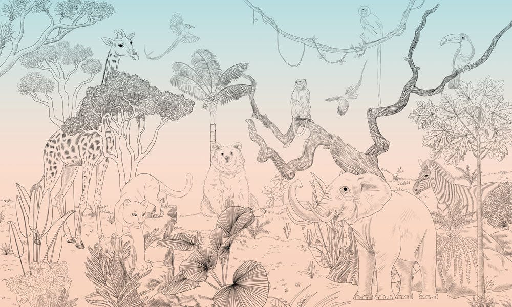 Safari Adventure Animal Sketch Mural Wallpaper