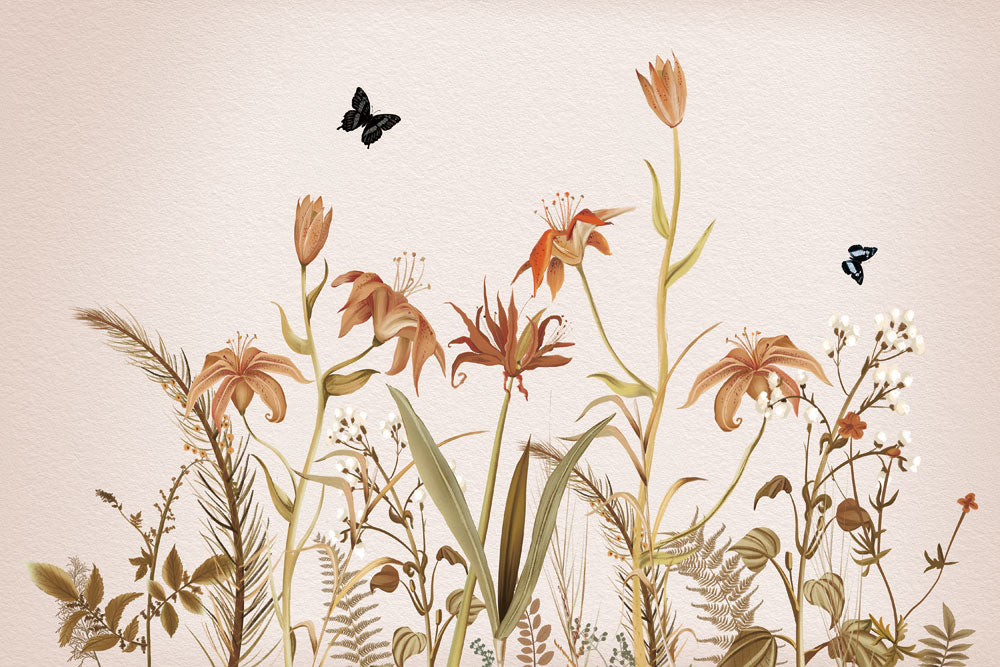 wallpaper with orange blooming flowers and two butterflies