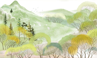 Pastoral Landscape Watercolor Mural Wallpaper