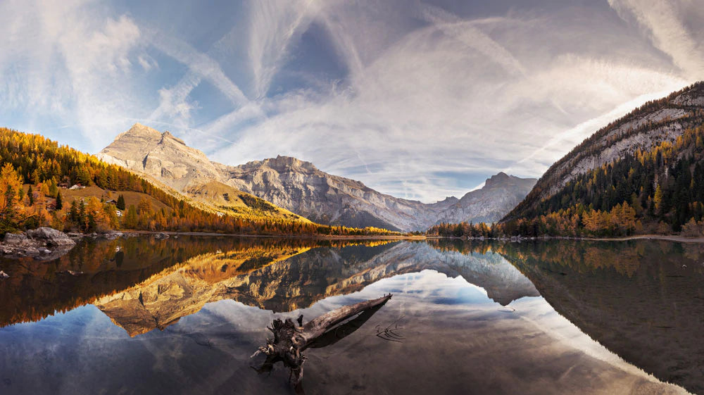 reflection of mountains and cloudy sky wallpaper design art