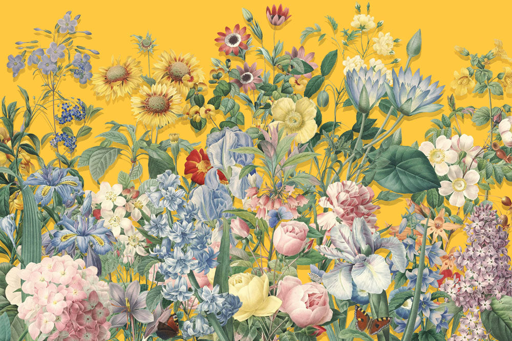wall murals with a yellow backdrop full of blooming flowers