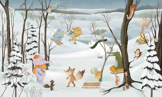 Whimsical Winter Woodland Animal Mural Wallpaper