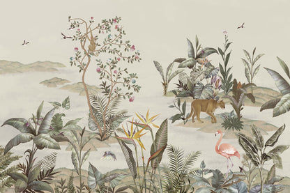 forest wall murals wallpaper with tigers and cranes.