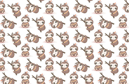 Wall murals wallpaper with a sloth design repeated.