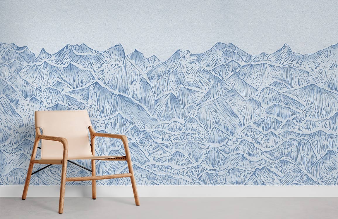 a wall painting with sketched mountain peaks