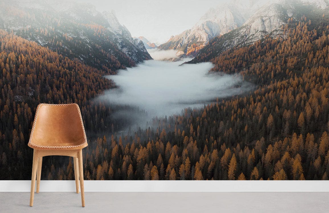 The Dolomites are depicted on the room's wallpaper in a mountainous forest mural.