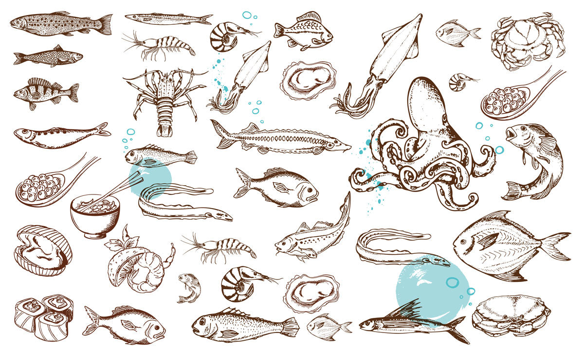 Underwater Seafood Illustration Mural Wallpaper