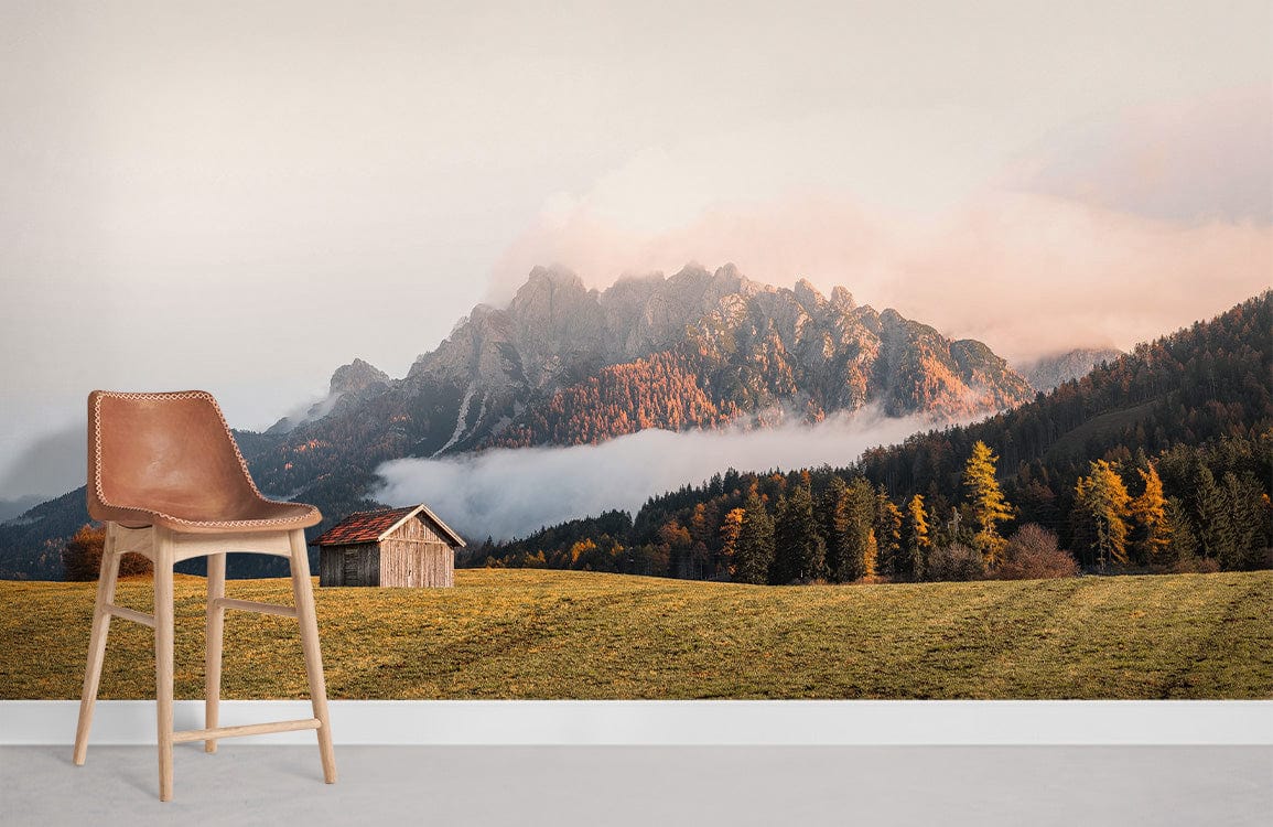 Room Wallpaper Mural Featuring a Wooden Cabin on a Mountain