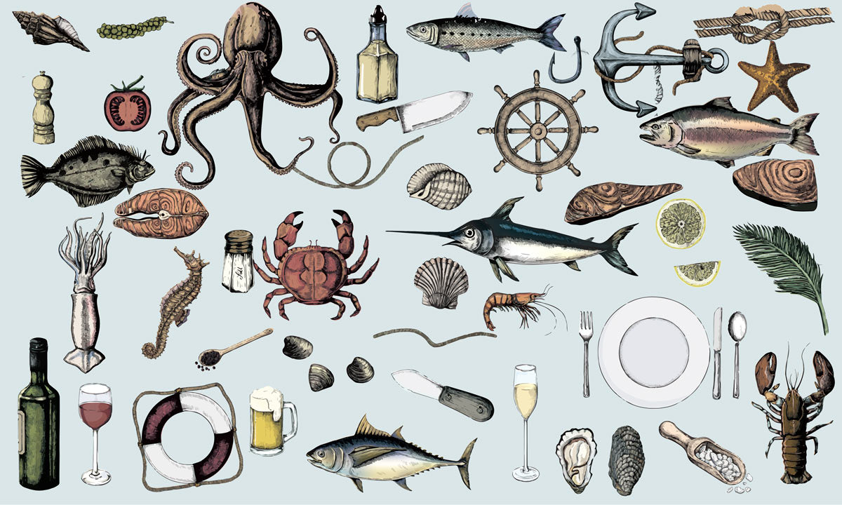 Nautical Sea Life Illustration Mural Wallpaper