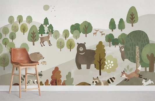 happy forest animal wallpaper mural